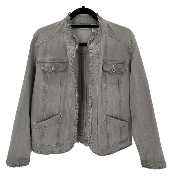 Chico's Platinum Womens Gray Ruffled Long Sleeve Stretch Jacket Size 1/8 - Picture 1 of 13